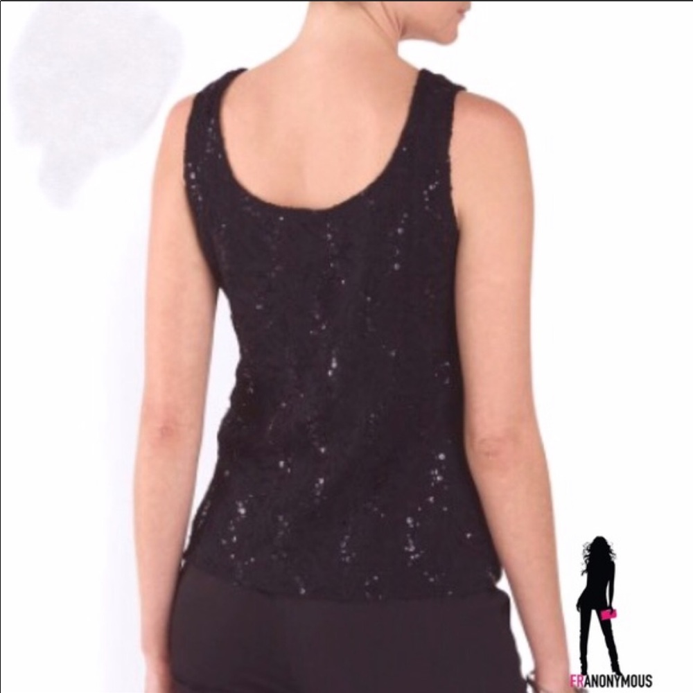 Sequin Embellished Black Lace Sleeveless Top - Picture 2 of 4
